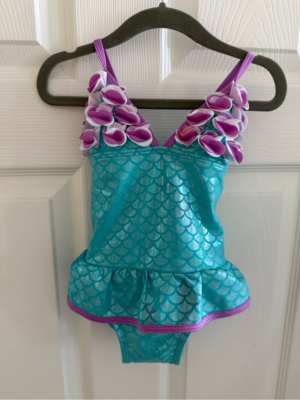 Girls Teal Mermaid One-Piece Swimsuit with Purple Flower Straps